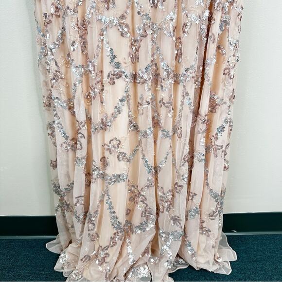 Mac Duggal Pink Embellished Illusion High Neck Long Sleeve A Line Gown Size 18 - Picture 5 of 13